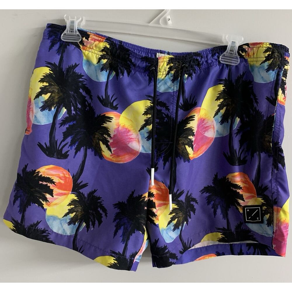 American Eagle Men's Palm Tree Blue Swim Trunks, Size Large